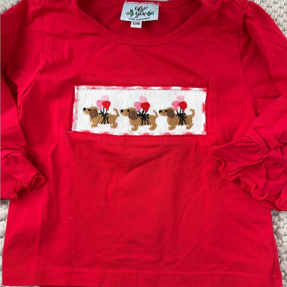 Olive You Kids 12M Red Smocked Puppy Valentine Shirt Ruffle Sleeve Toddler Top